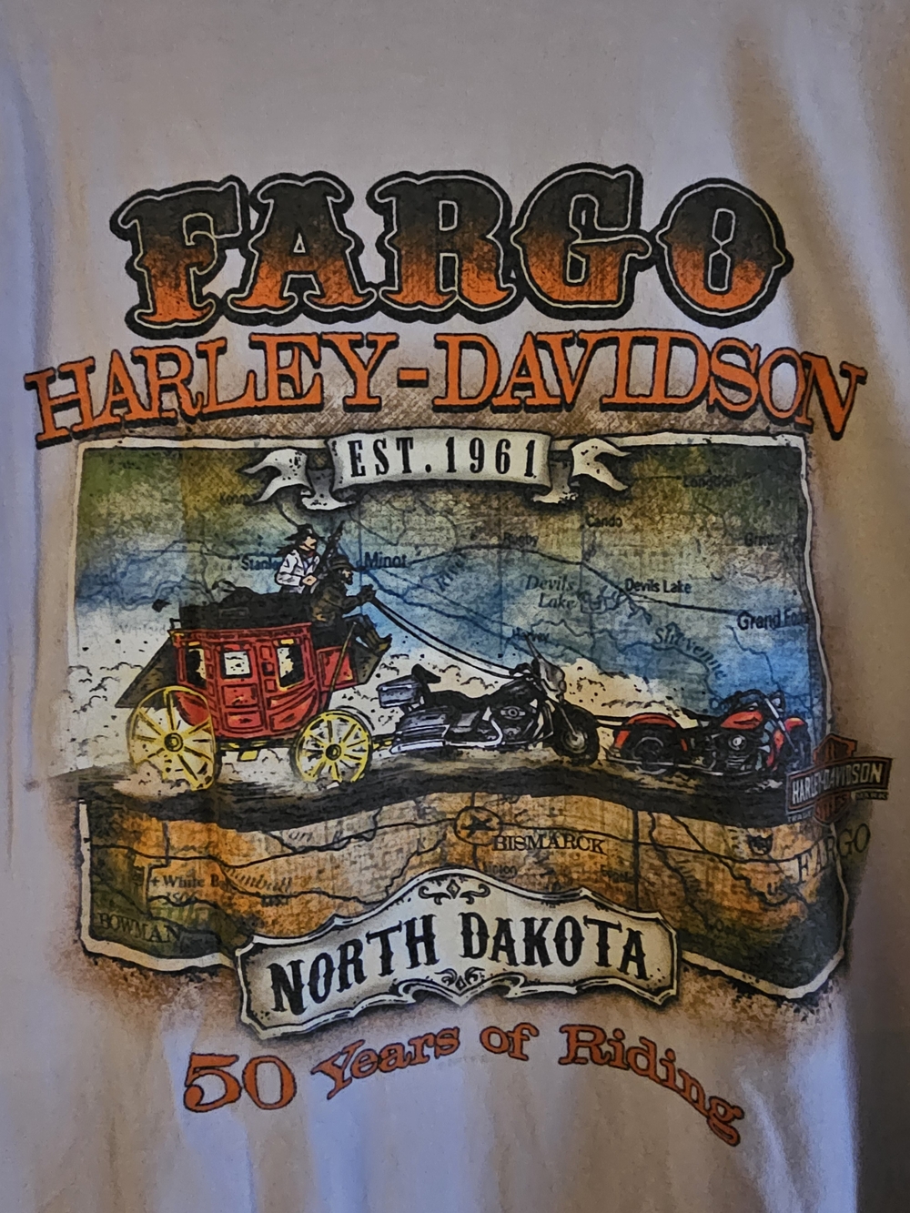Vintage Fargo Harley-Davidson North Dakota Graphic Tee - Orange/Black/Blue 2X